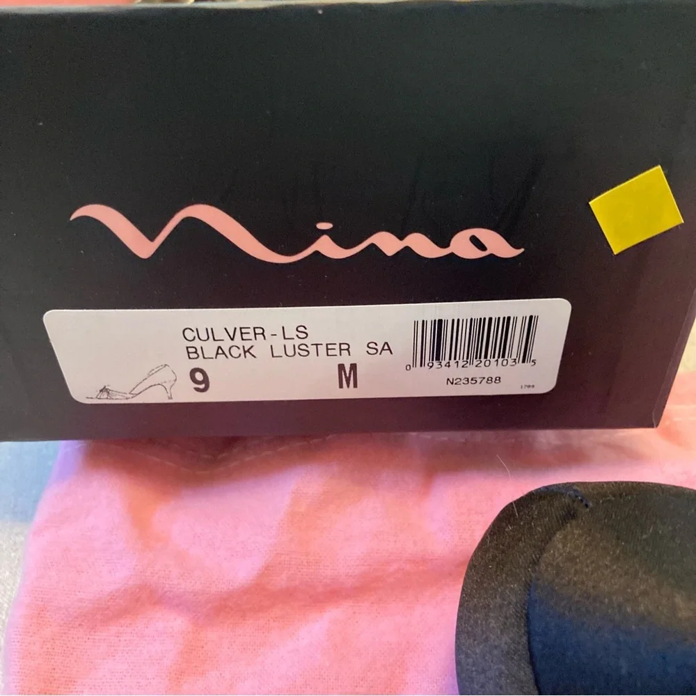 Nina, Black Luster Satin, Size 9M, Open Toe shoes. Original box and storage bag. - Picture 2 of 8